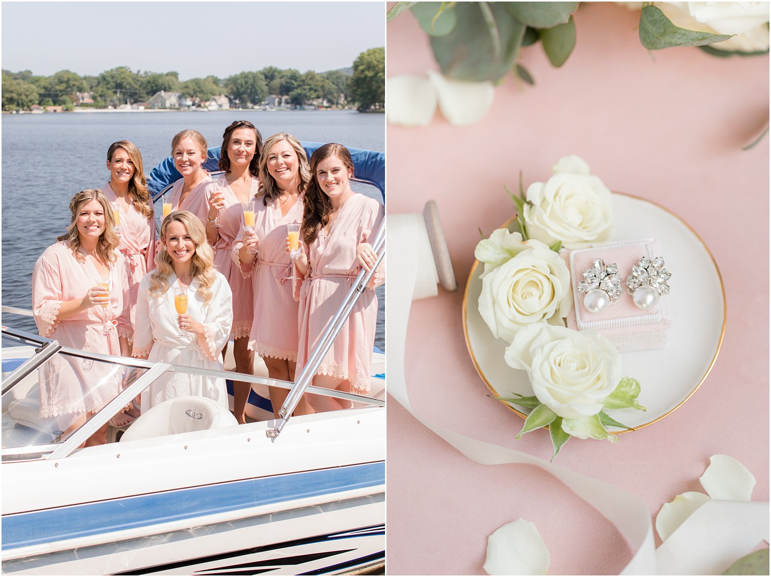 bride and bridesmaids pose on boat in New Jersey