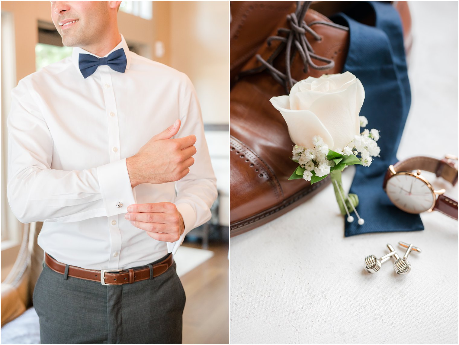 groom adjusts cufflinks for classic NJ wedding day