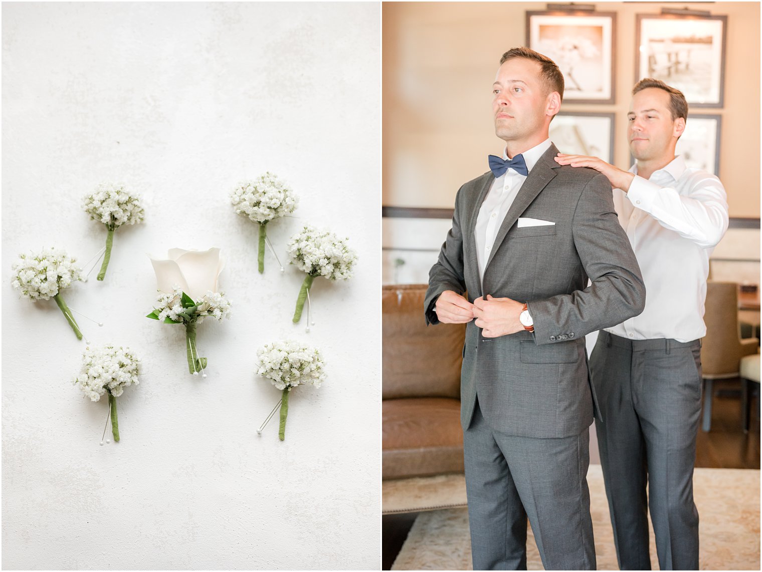 groomsman helps prepare groom for New Jersey wedding 