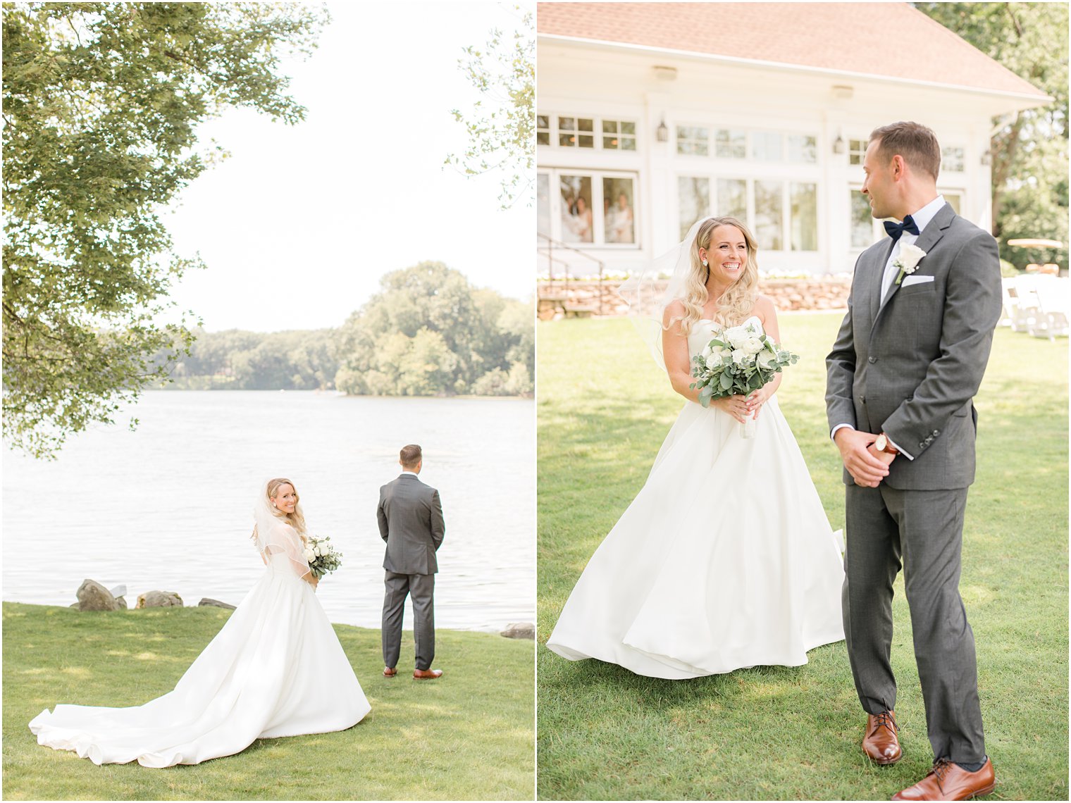 bride approaches groom for first look at Indian Trail Club