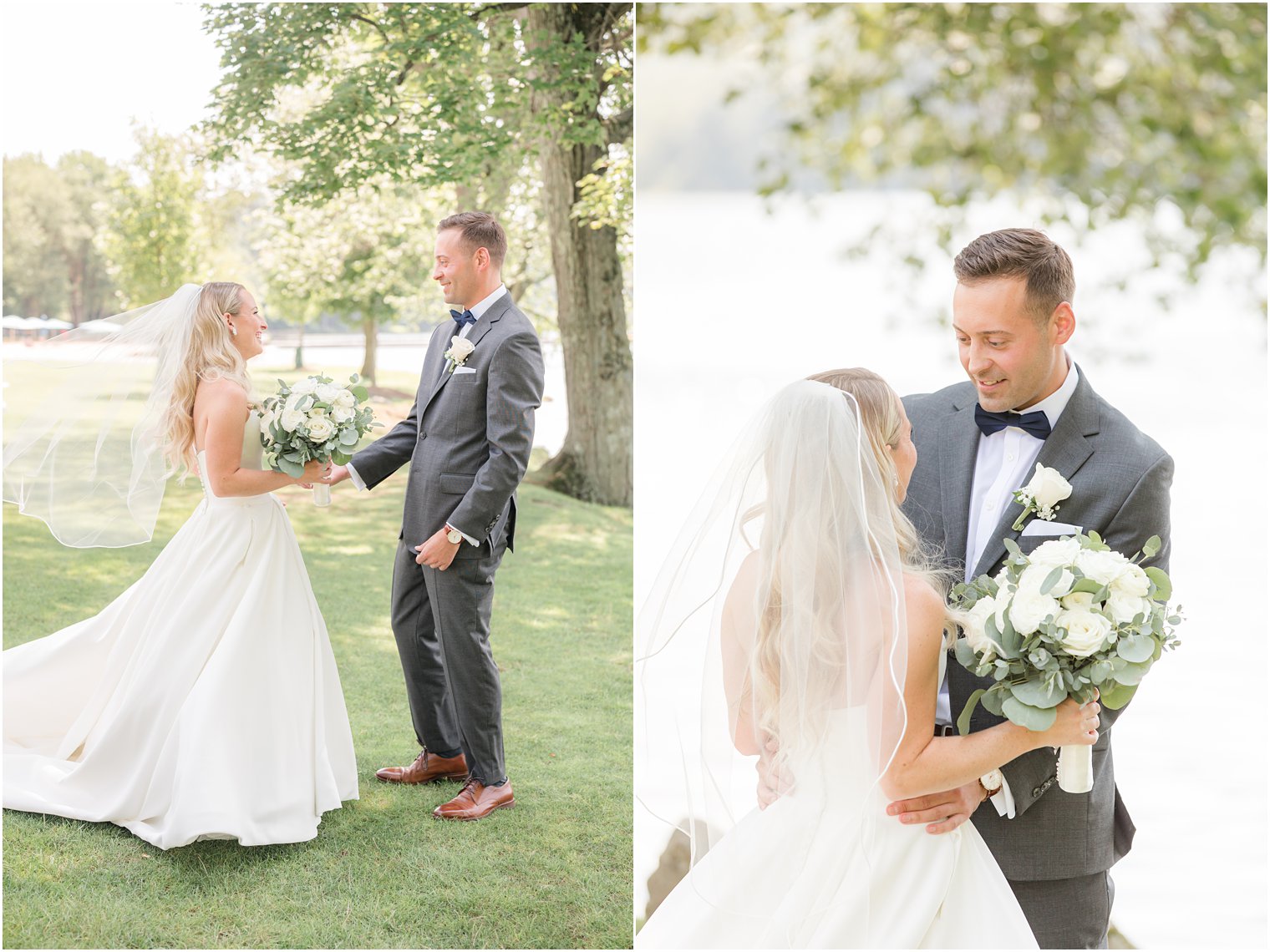 groom smiles at bride during first look at Indian Trail Club