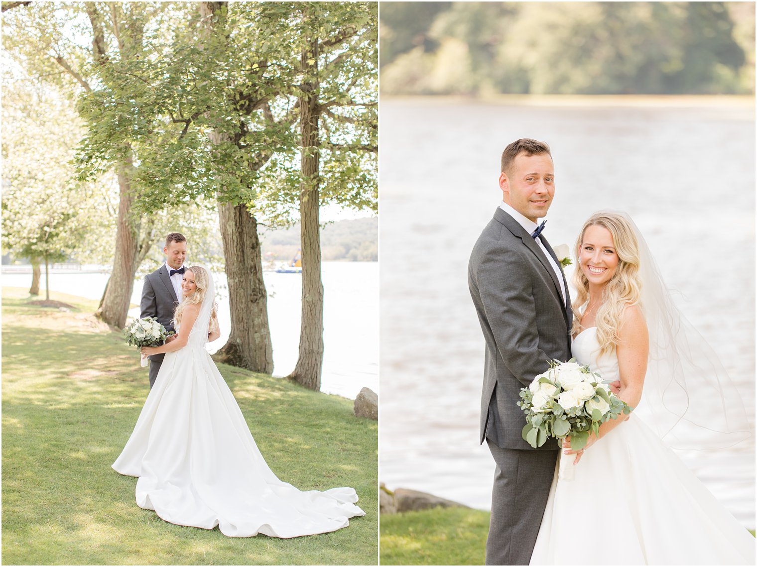 groom looks at bride in strapless dress along water at Indian Trail Club