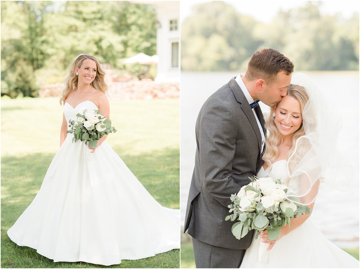 bride in classic strapless gown holds bouquet of ivory flowers