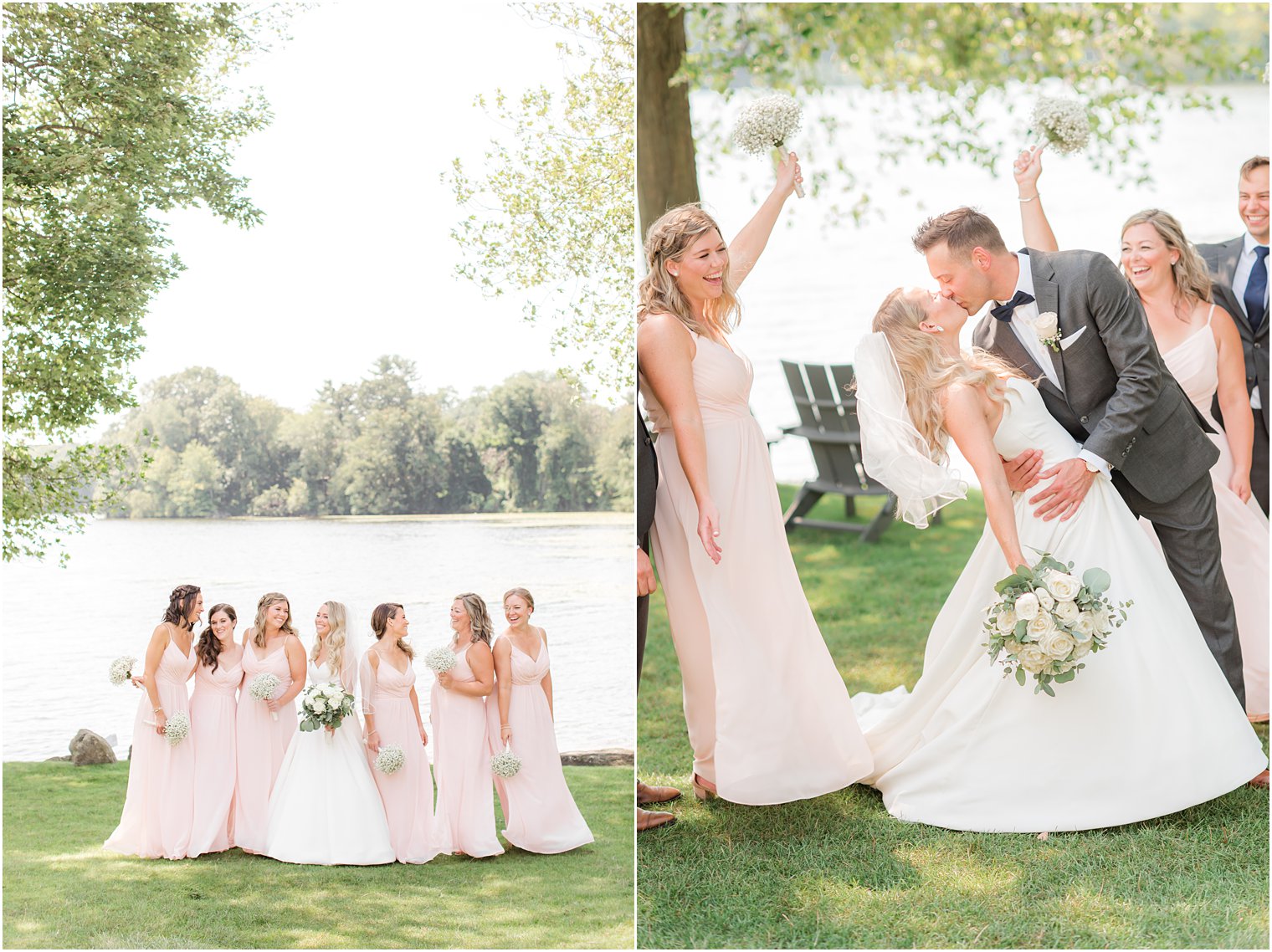 bride poses with bridesmaids in pastel pink gowns