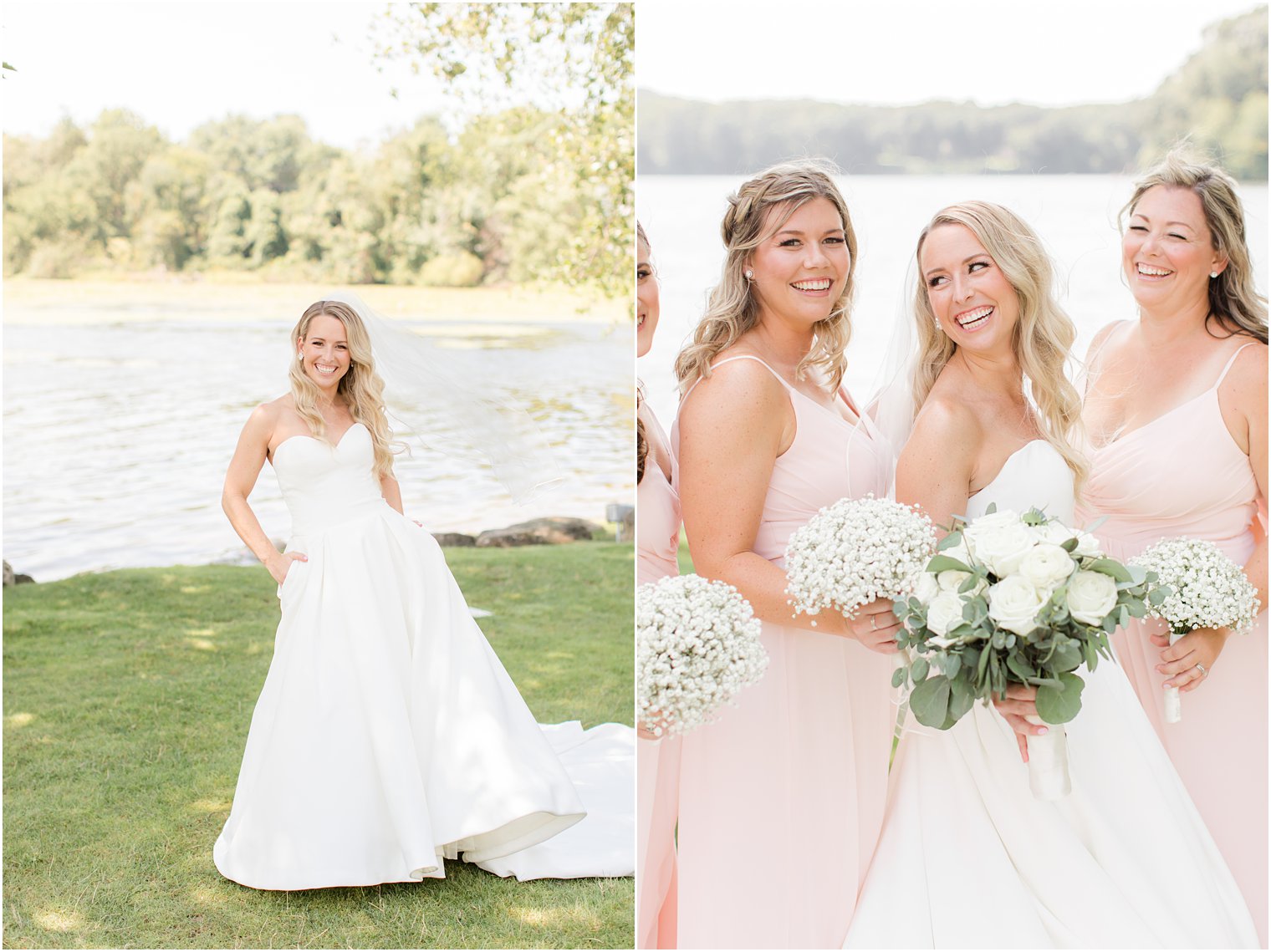 bride poses with hands in pockets of wedding dress along water at Indian Trail Club