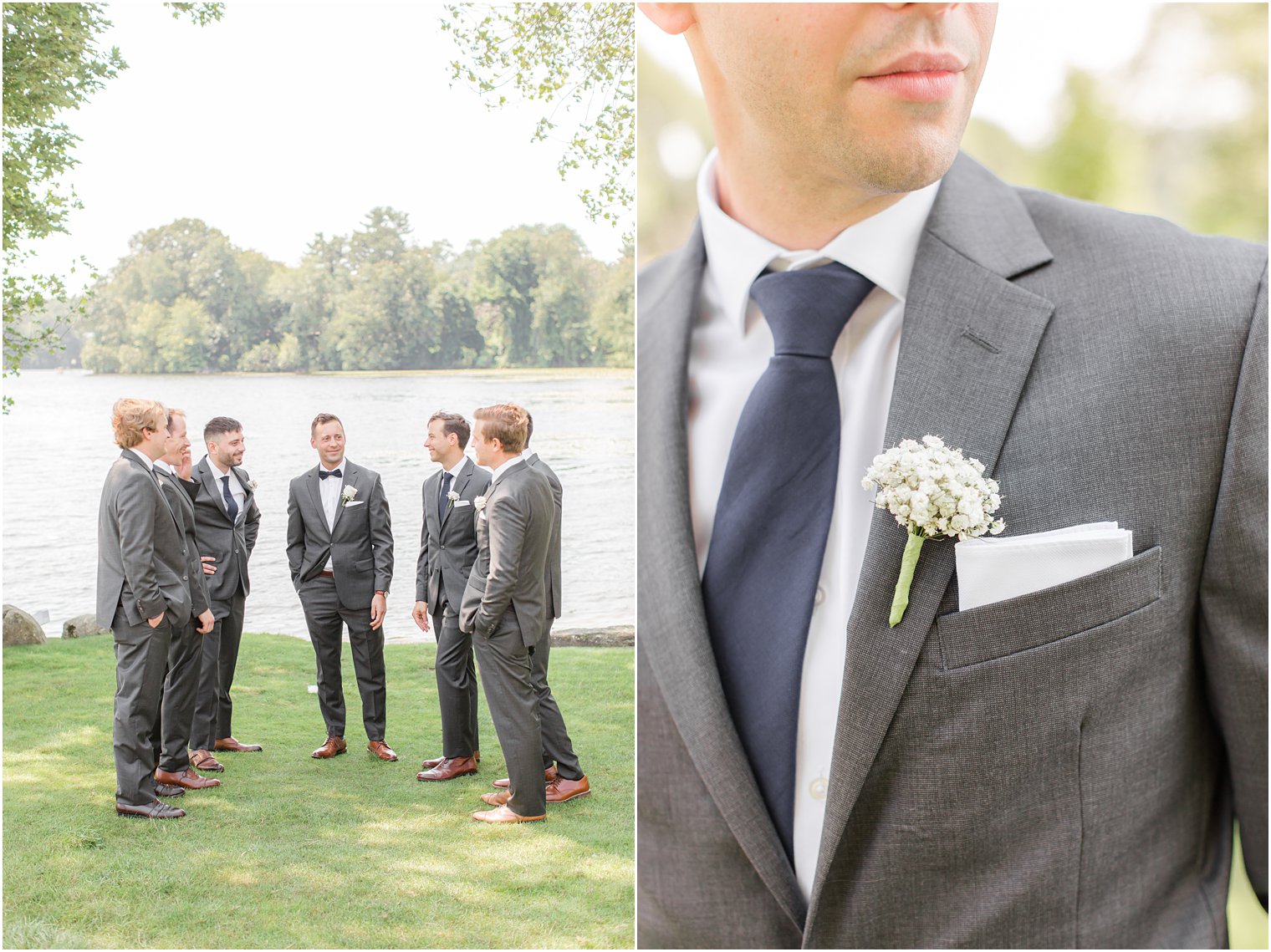 groom poses with groomsmen in grey suits and navy ties 