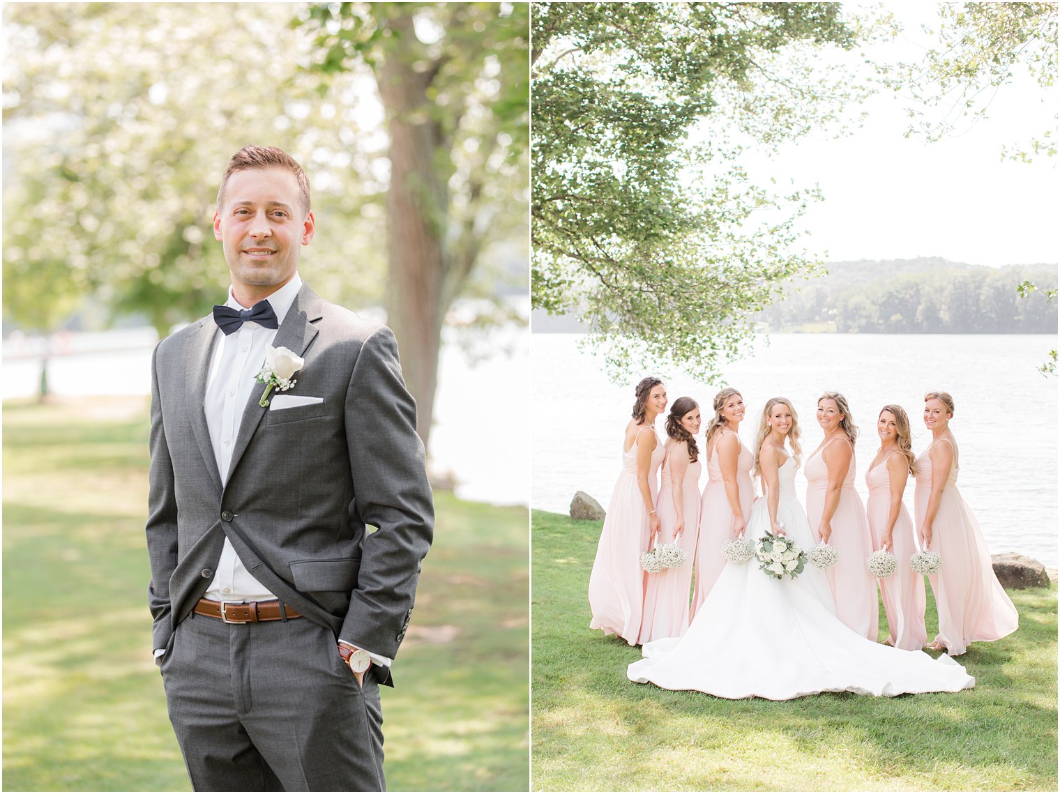 groom prepares for NJ Wedding day while bride poses with bridesmaids in pink gowns