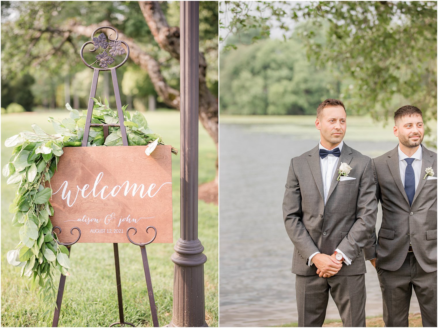 wooden welcome sign for Indian Trail Club wedding ceremony