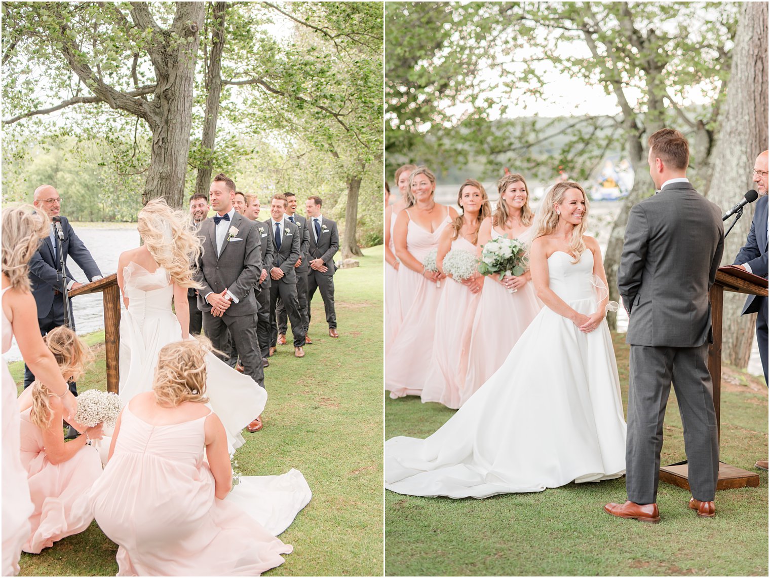 bride laughs during outdoor wedding ceremony in Franklin Lakes