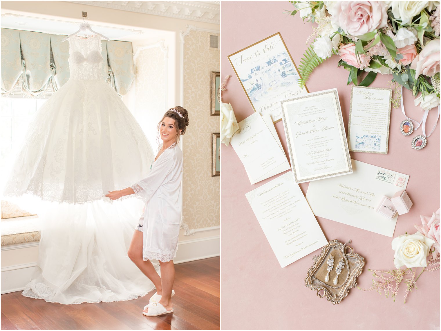 bride poses with wedding dress on NJ wedding morning 