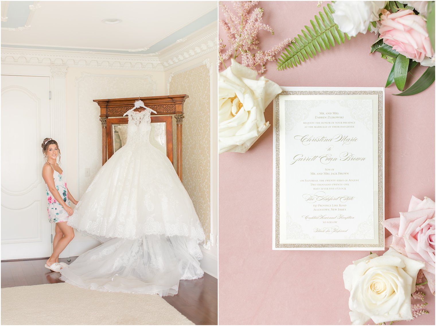 bride shows off ballgown on wedding day