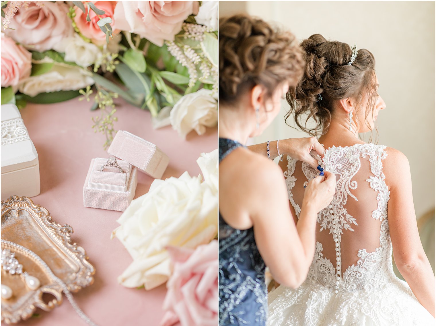 mom helps bride with top of wedding gown before Ashford Estate wedding