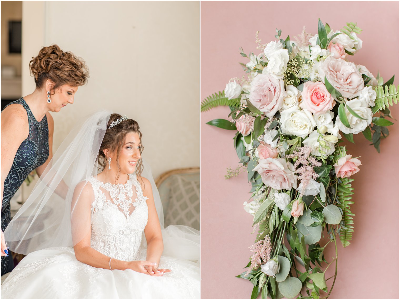 mom helps bride with veil on NJ wedding day