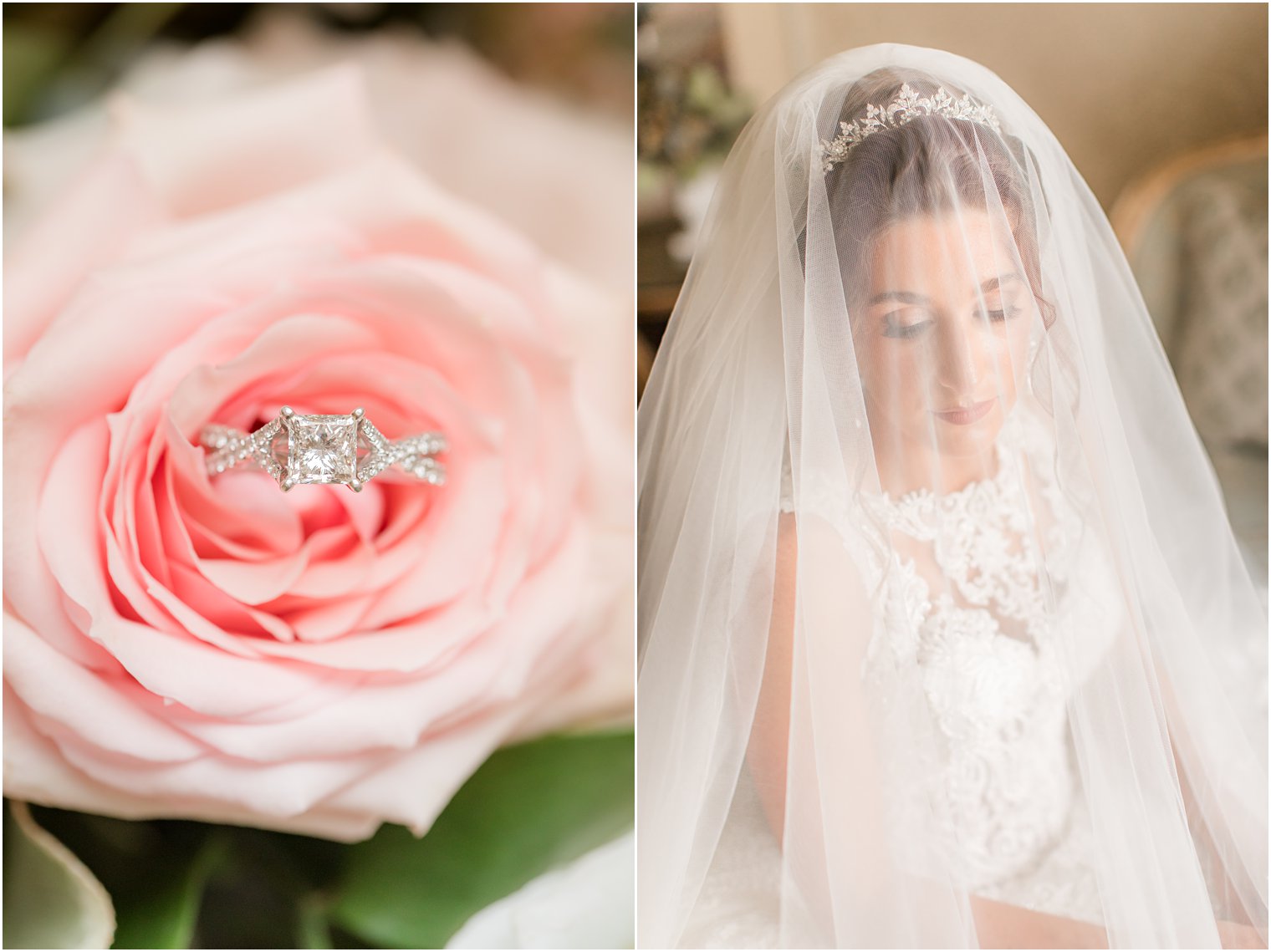 bride poses under veil during NJ wedding portraits 