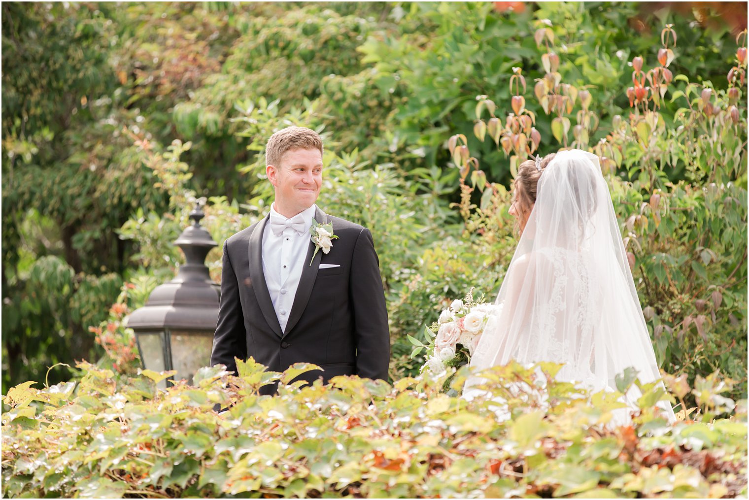 bride walks up to groom for first look on NJ wedding day