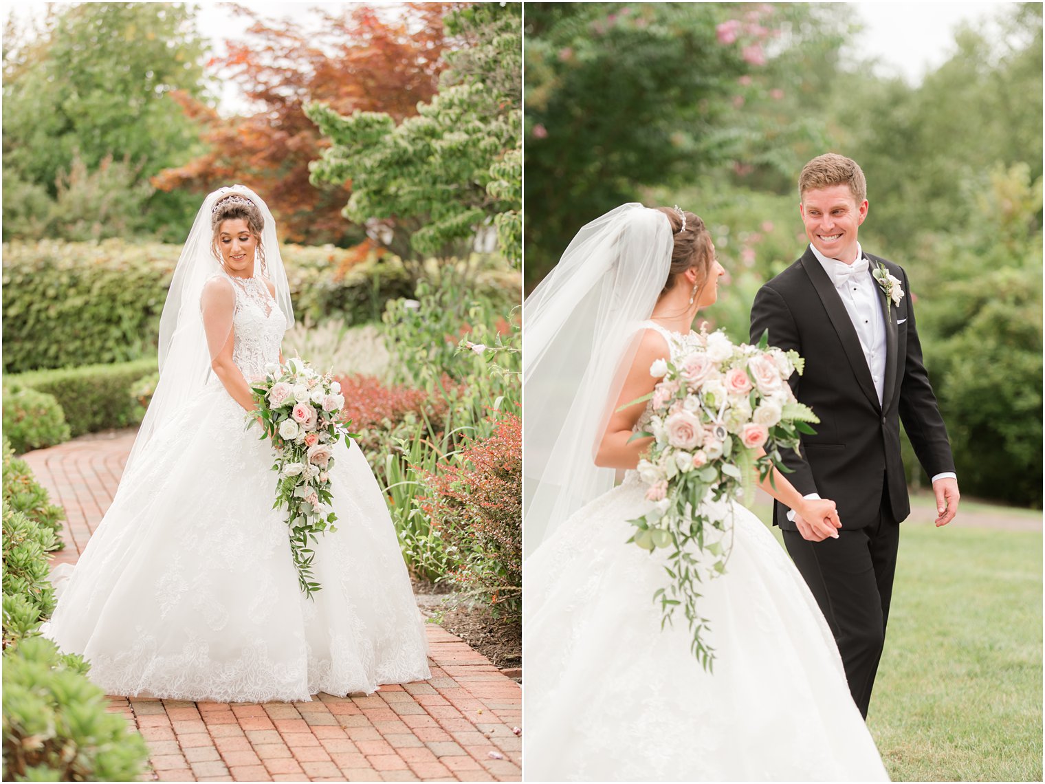 bride holds bouquet of roses looking over shoulder with veil 