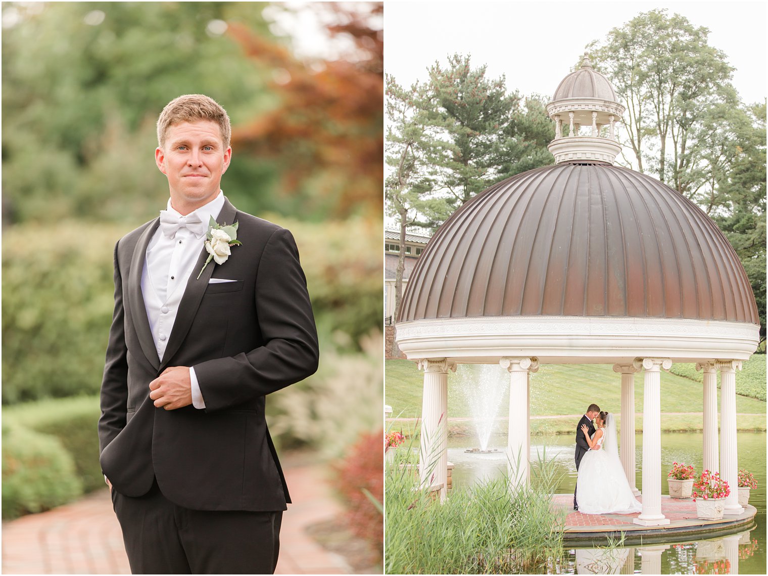 bride and groom hug inside gazebo in New Jersey 