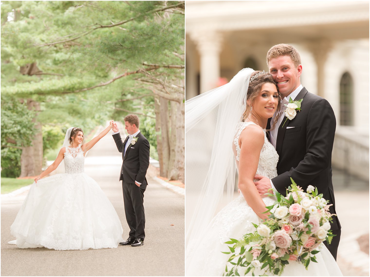 groom twirls bride on driveway at Ashford Estate