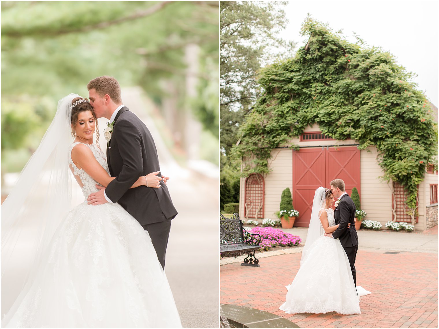 groom kisses bride's forehead during NJ wedding photos at Ashford Estate