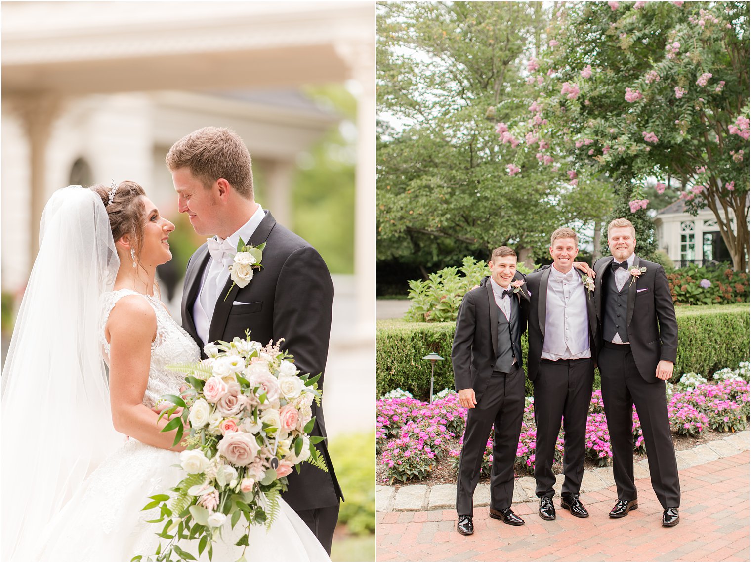 groom hugs two groomsmen in black suits at Ashford Estate