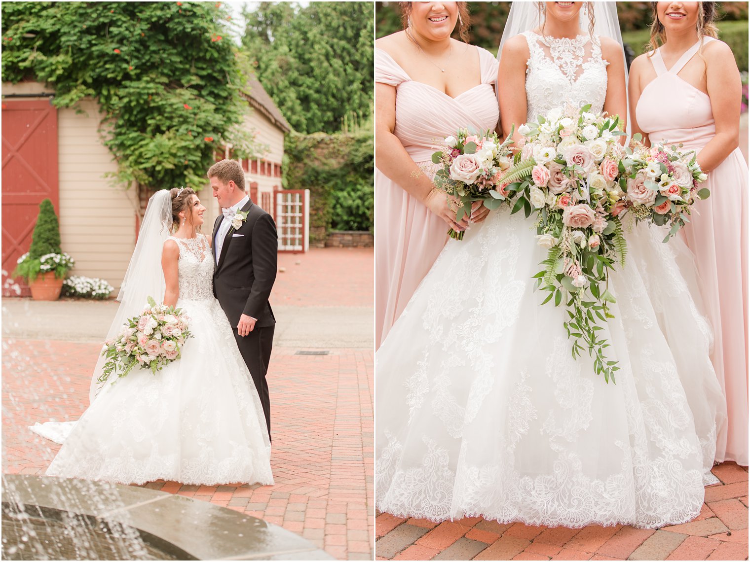 bride and groom pose beside fountain at Ashford Estate