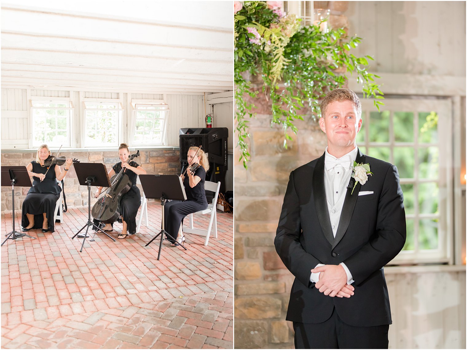 trio plays while groom watches bride walk down aisle at Ashford Estate