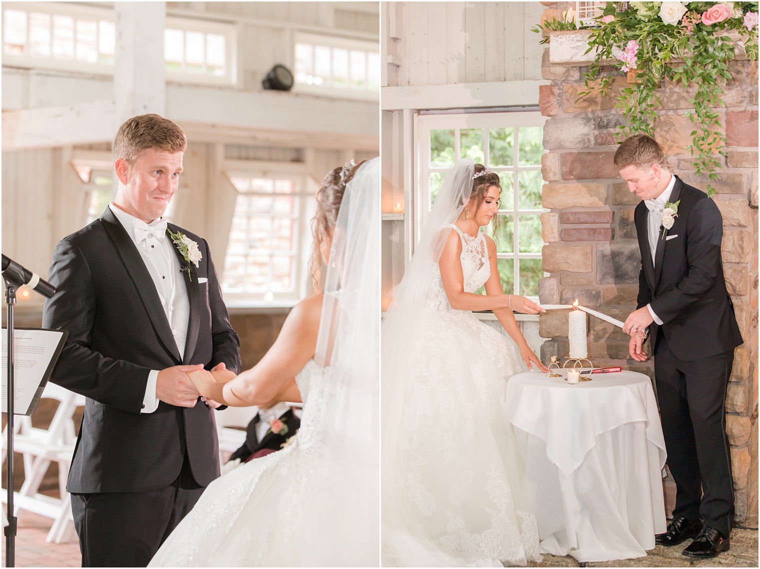 bride and groom light unity candle during ceremony at Ashford Estate