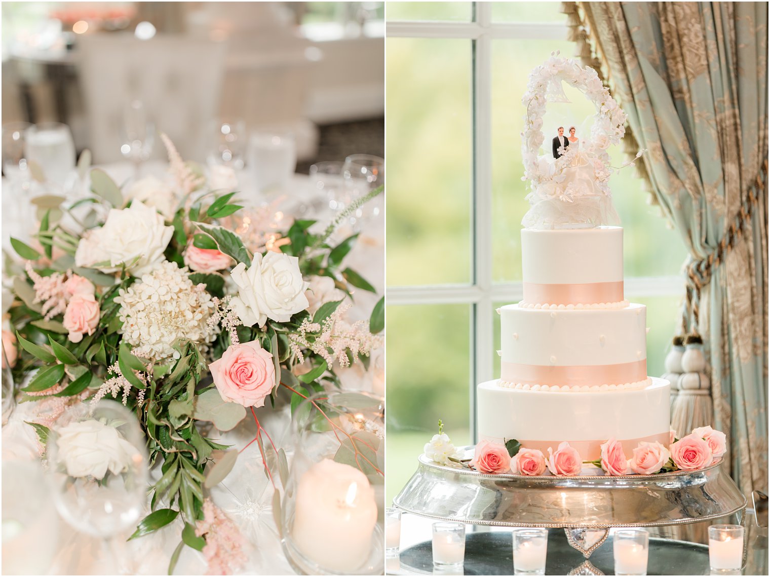 tiered wedding cake with pastel pink ribbons around each level