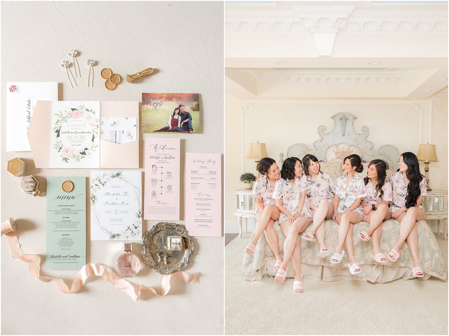 bride poses with bridesmaids in matching floral robes in bridal suite at Ashford Estate