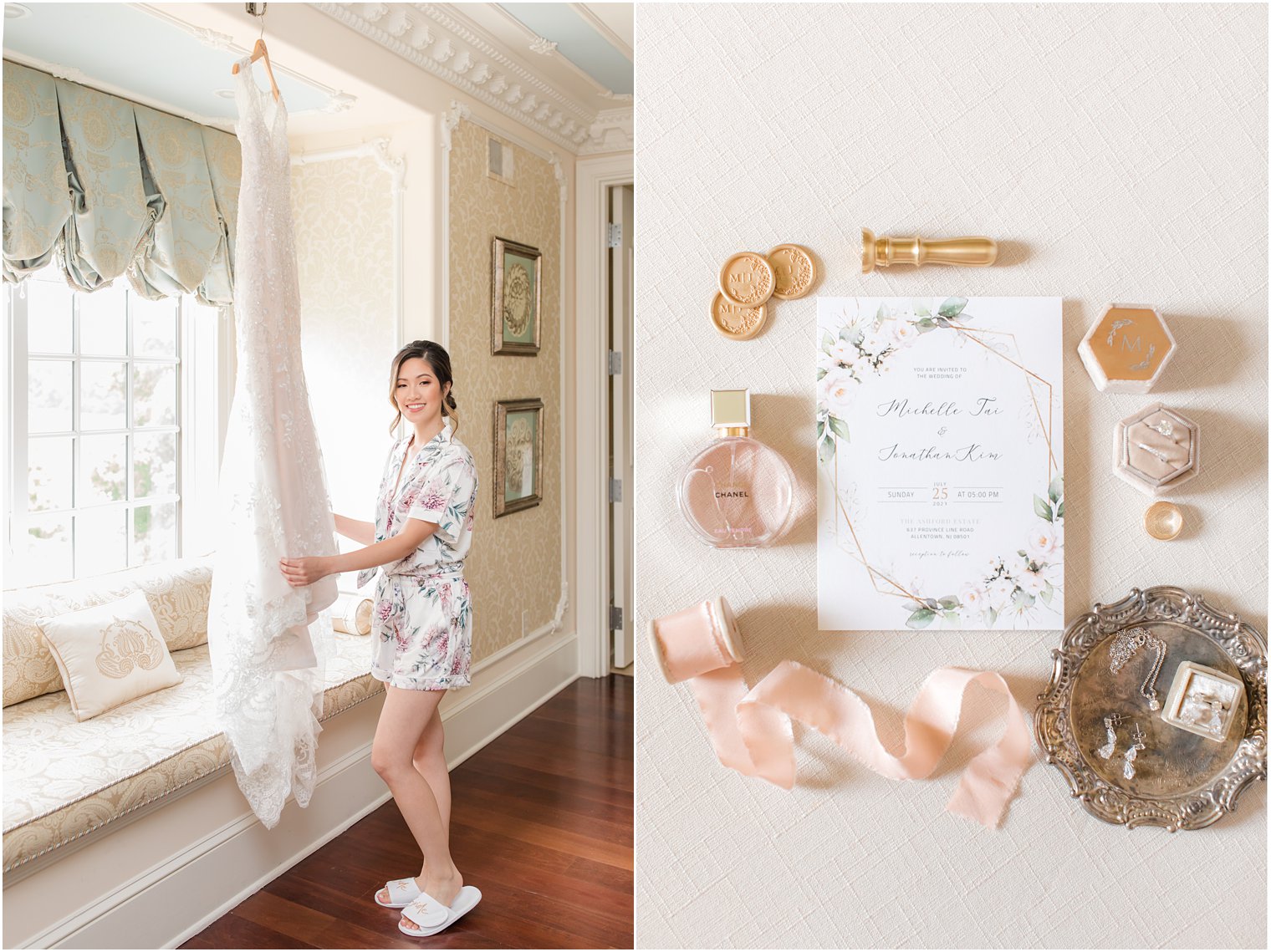 bride looks at wedding gown hanging in bridal suite at Ashford Estate