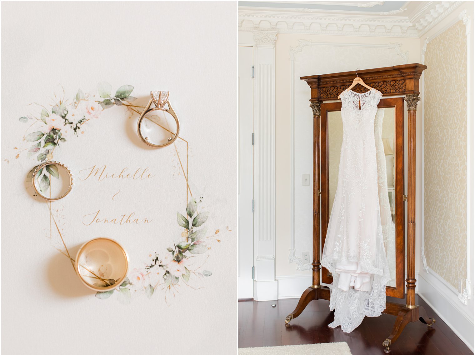 bride's dress hangs on mirror and invitation with gold wedding rings