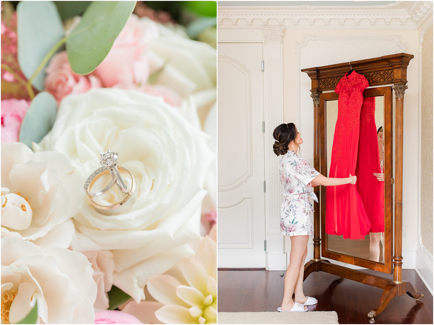 bride looks at traditional red dress for reception before Ashford Estate wedding