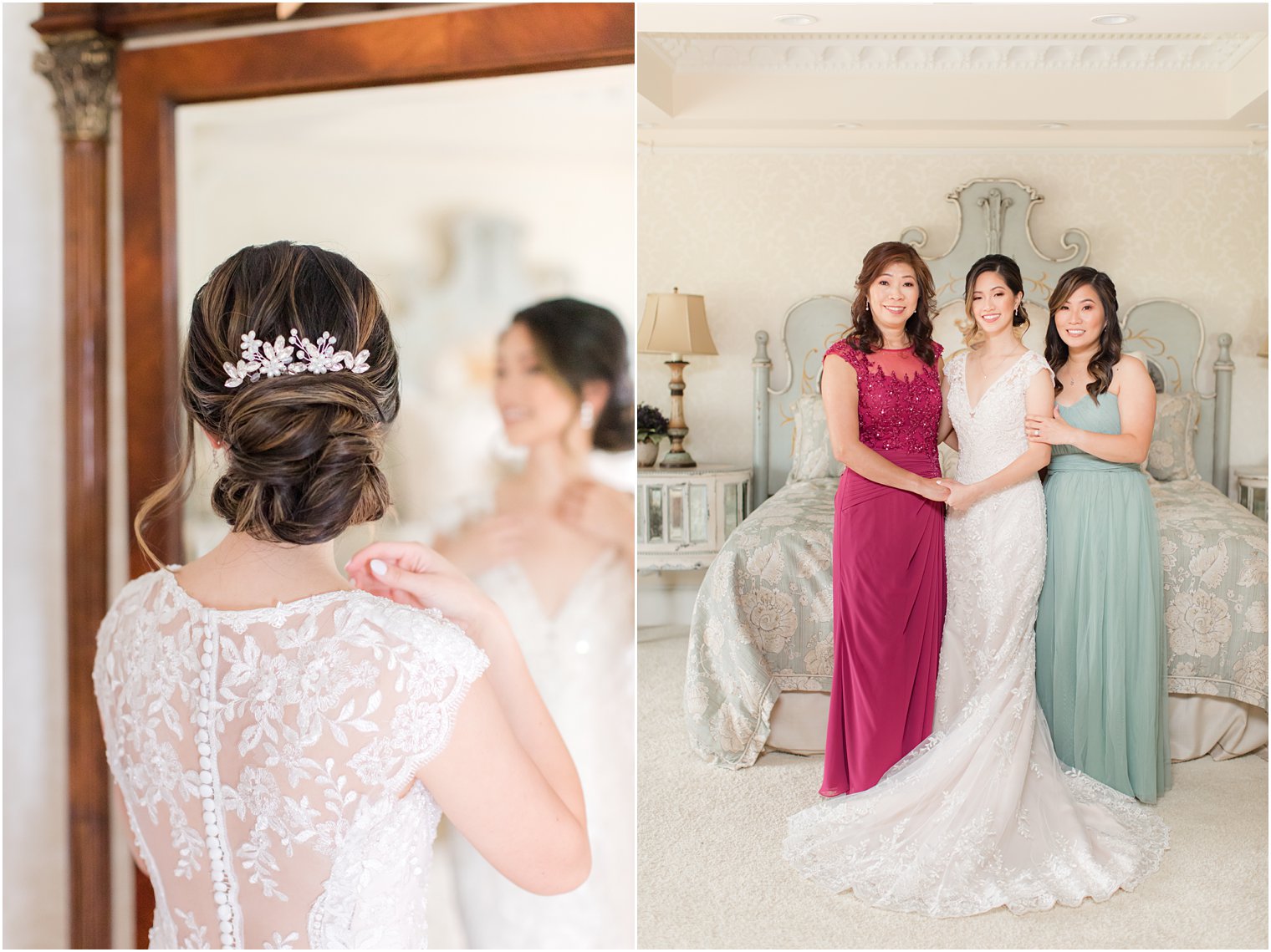 bride poses with mom and sister before NJ wedding day