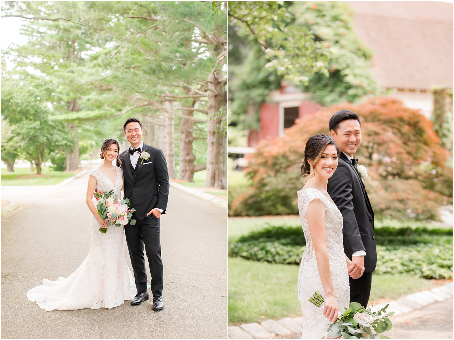 newlyweds hold hands walking through Ashford Estate gardens and driveway