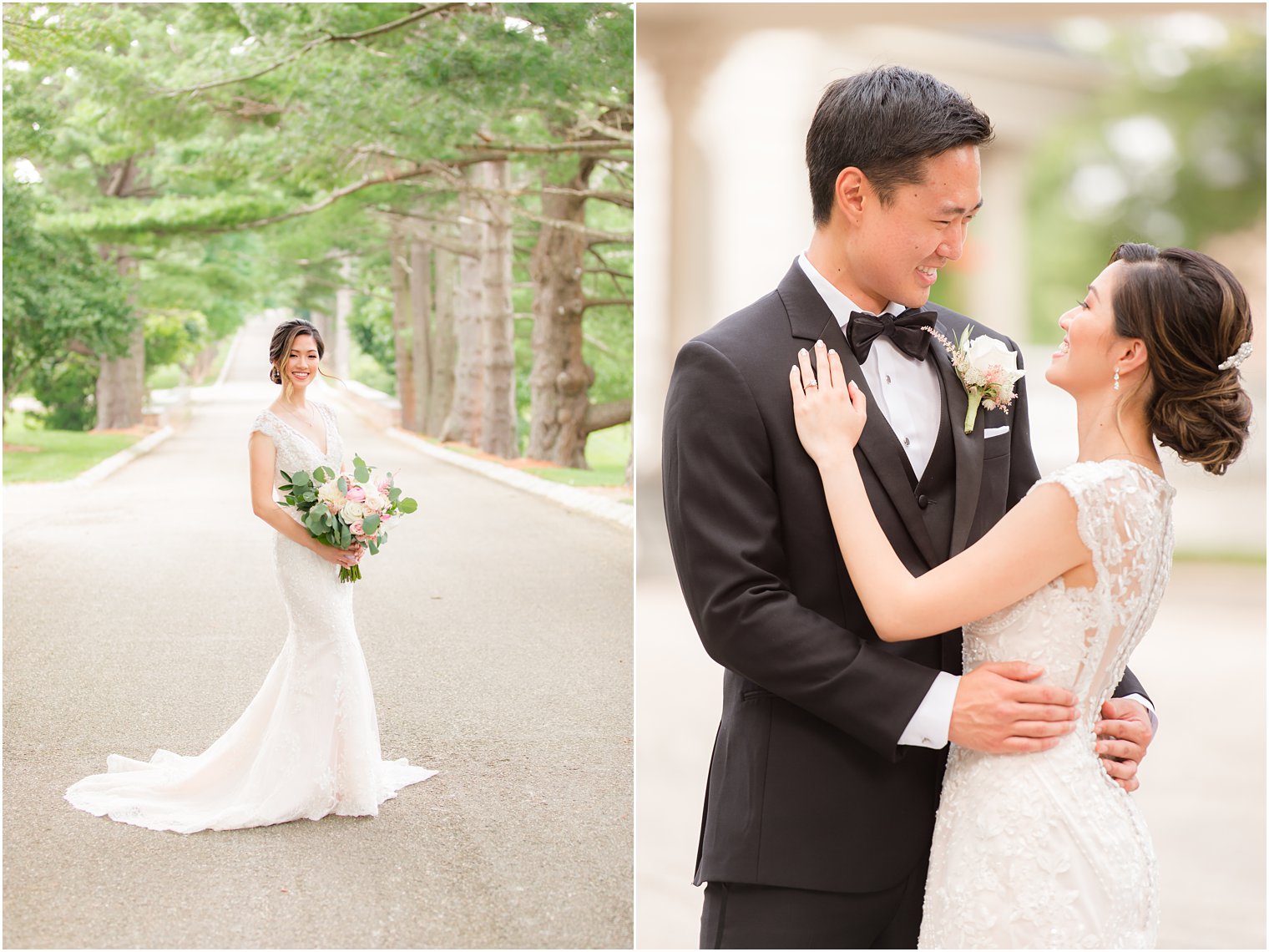 bride holds bouquet of pink and white flowers and hugs groom