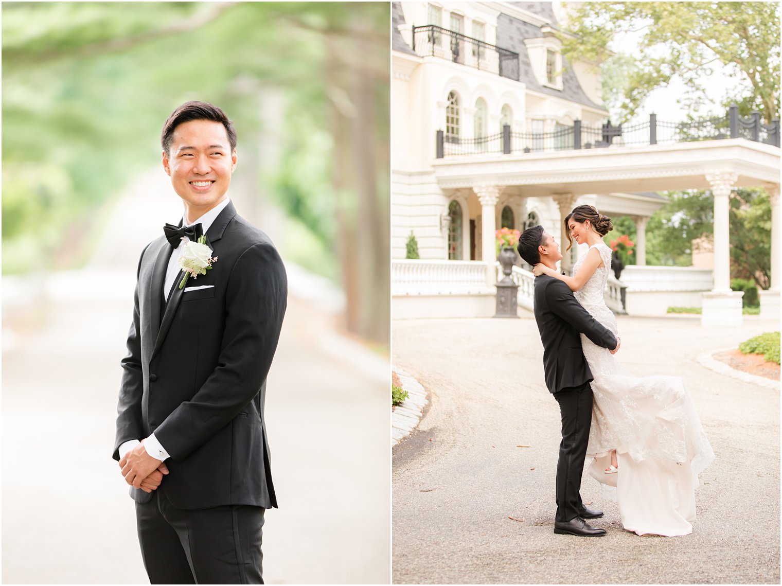 groom lifts bride up during NJ wedding portraits at Ashford Estate