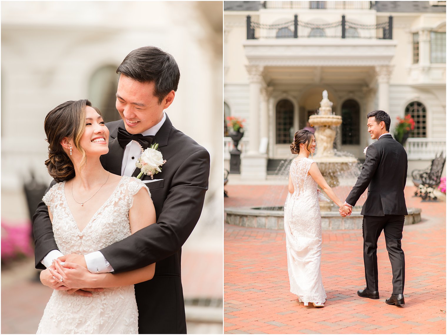 bride and groom walk towards fountain at Ashford Estate in New Jersey