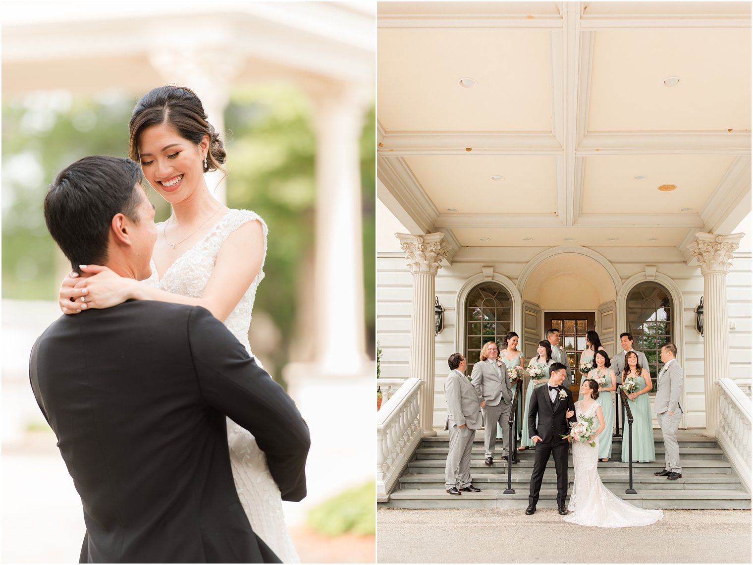 bride and groom pose on steps of Ashford Estate with wedding party