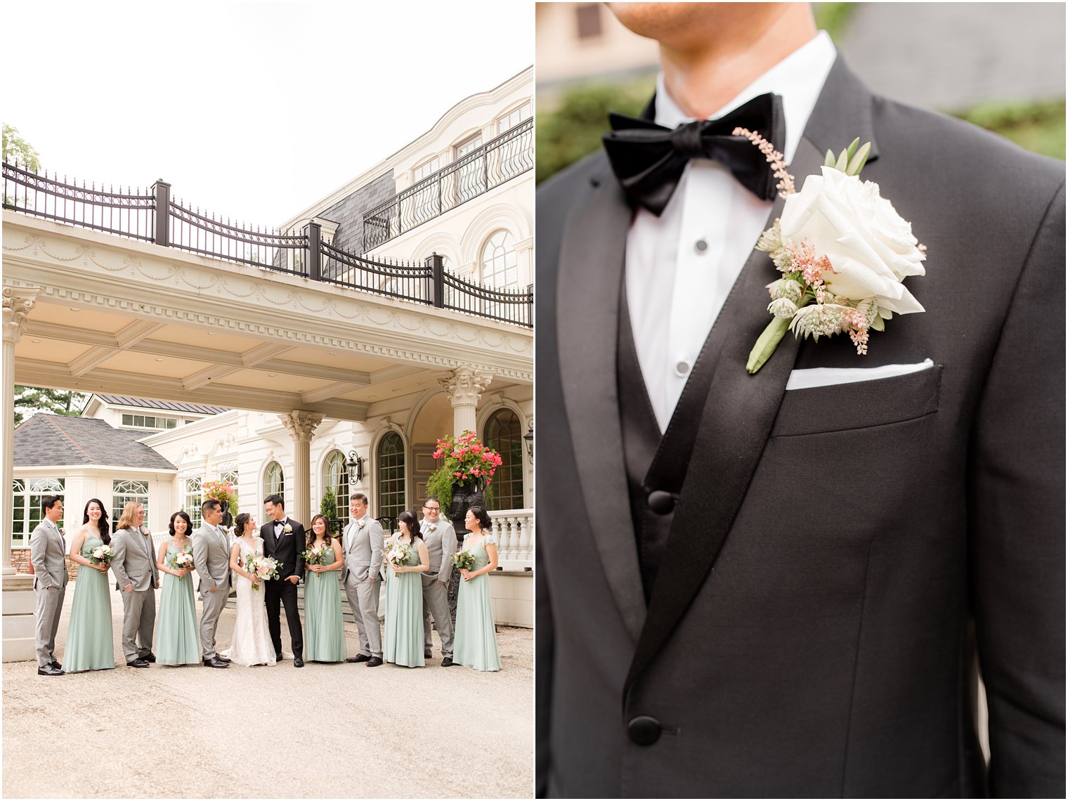 bride and groom stand with wedding party outside Ashford Estate