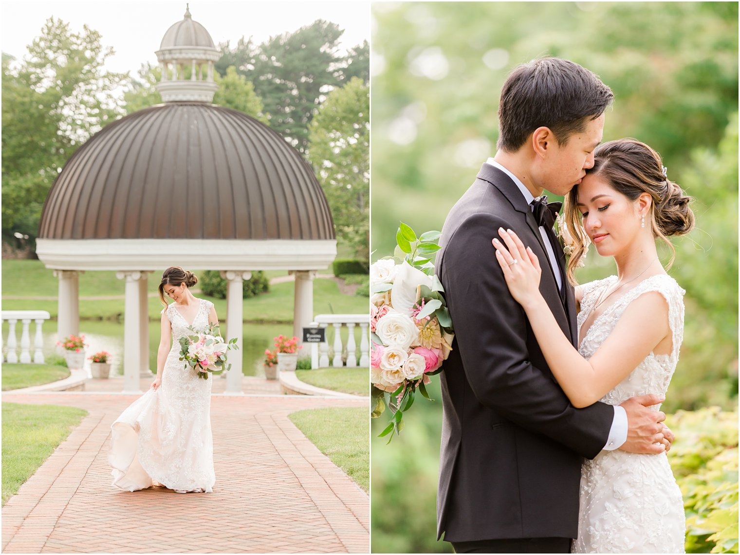 bride holds bouquet standing in front of gazebo at Ashford Estate