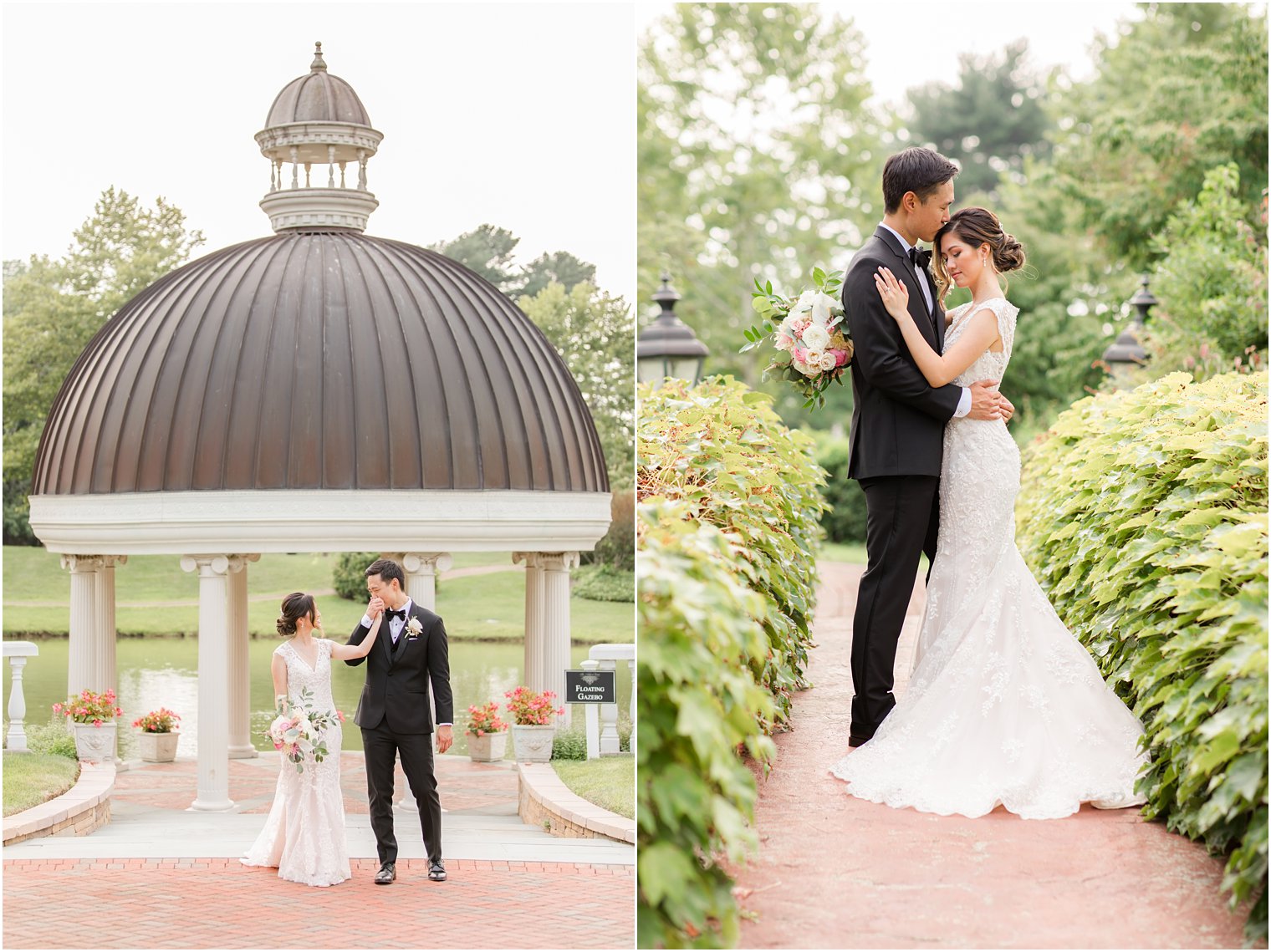 bride and groom pose outside gazebo at Ashford Estate in Allentown NJ