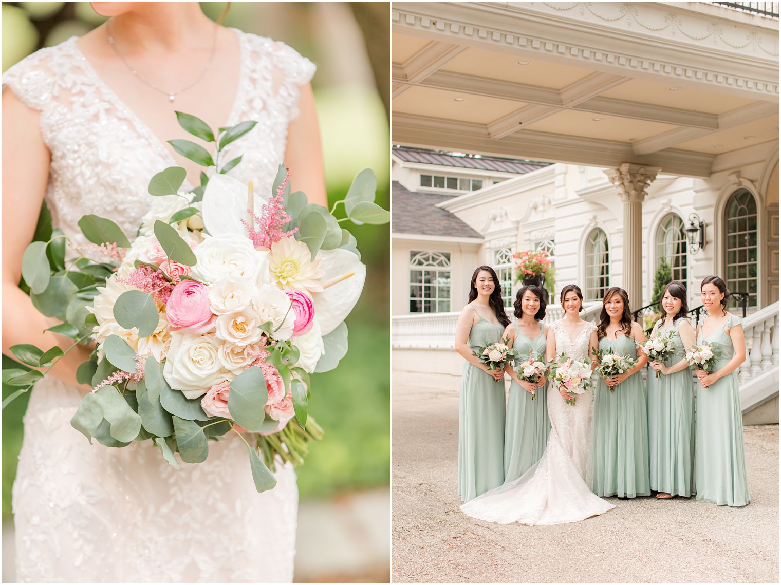 bride holds bouquet of pink and white flowers outside Ashford Estate with bridesmaids in sage green gowns