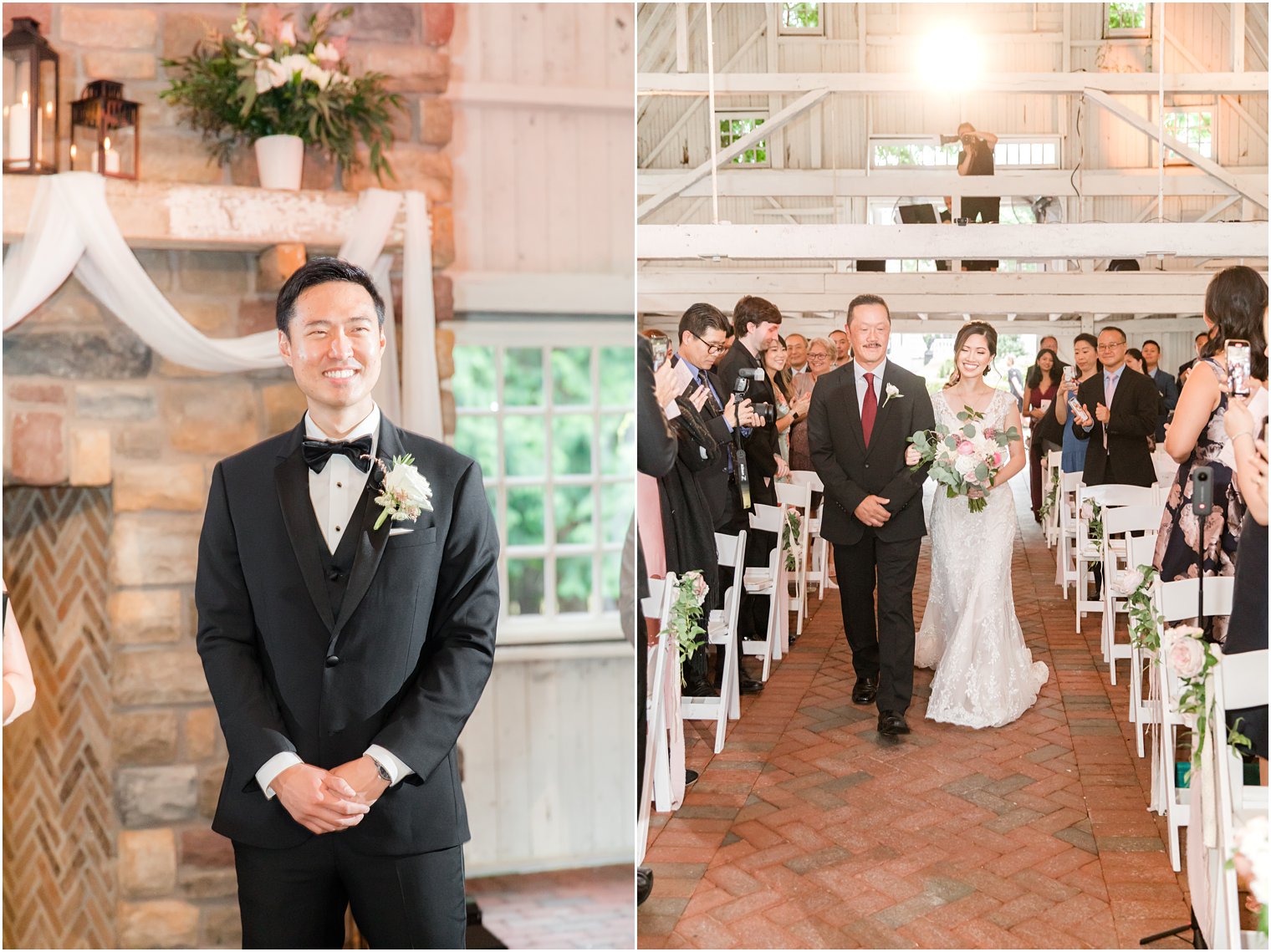 groom watches bride walk down aisle during ceremony at Ashford Estate 