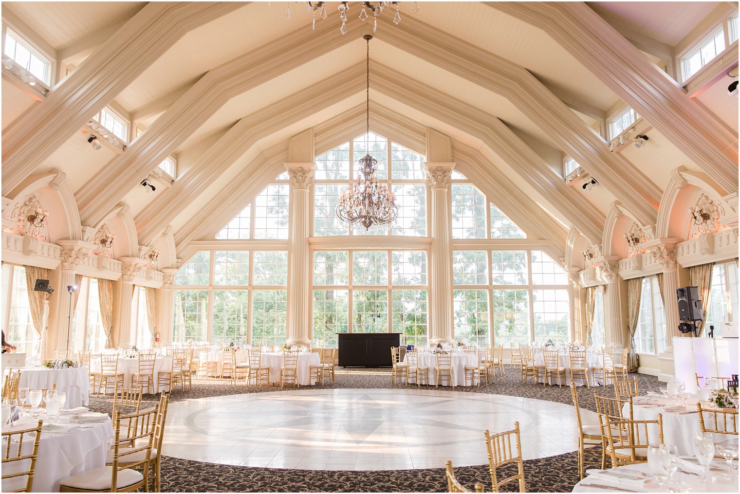 Ashford Estate wedding reception in ballroom with gold and white details 