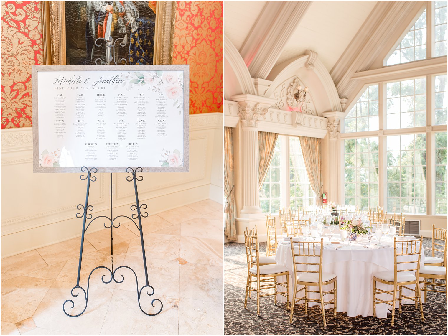 Ashford Estate wedding reception with gold chivari chairs in ballroom 