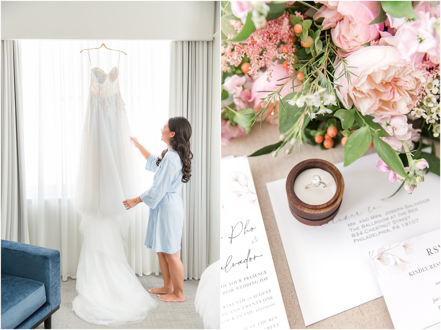 bride looks at wedding dress in window at Philly hotel