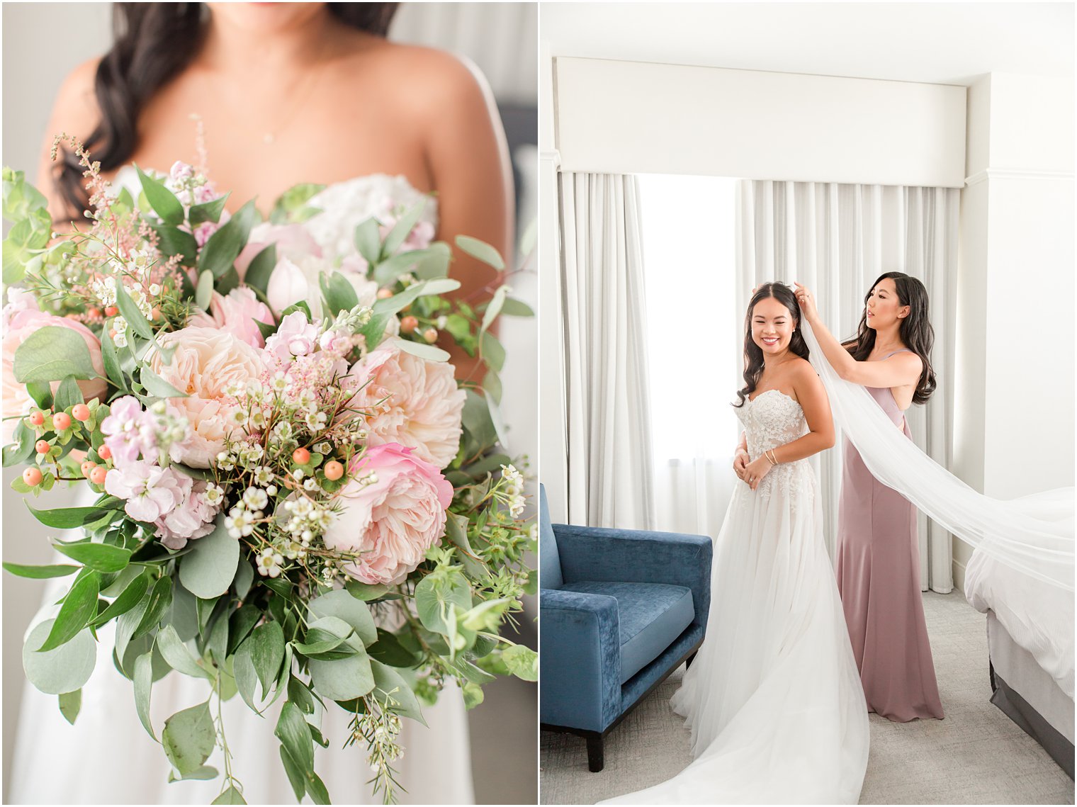 bridesmaid helps bride prepare for PA wedding