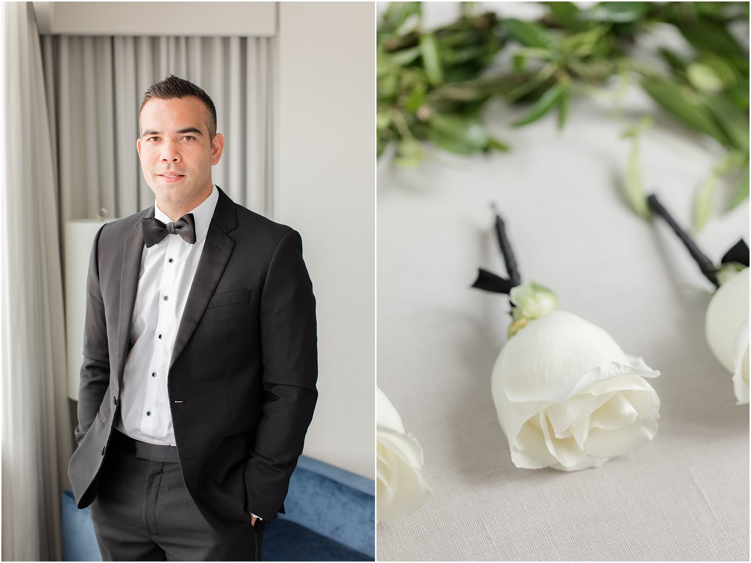 groom poses in classic tux with ivory boutonnière