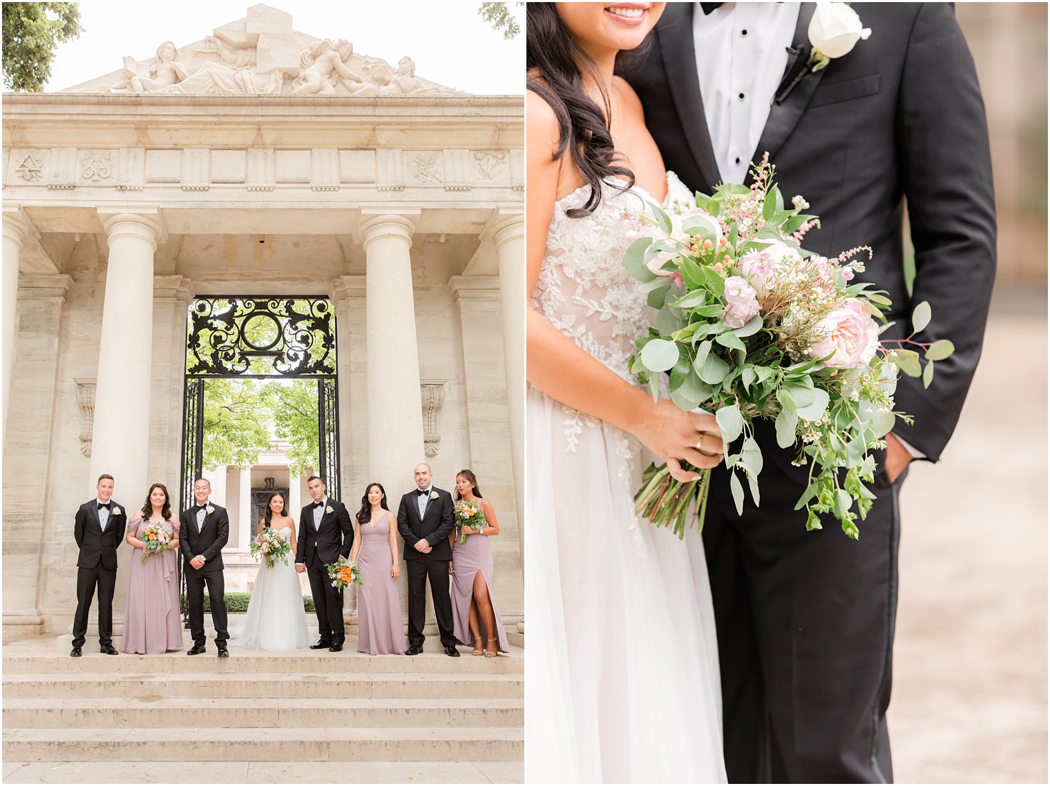 bride and groom pose on steps of Rodin Museum with wedding party in black and mauve 
