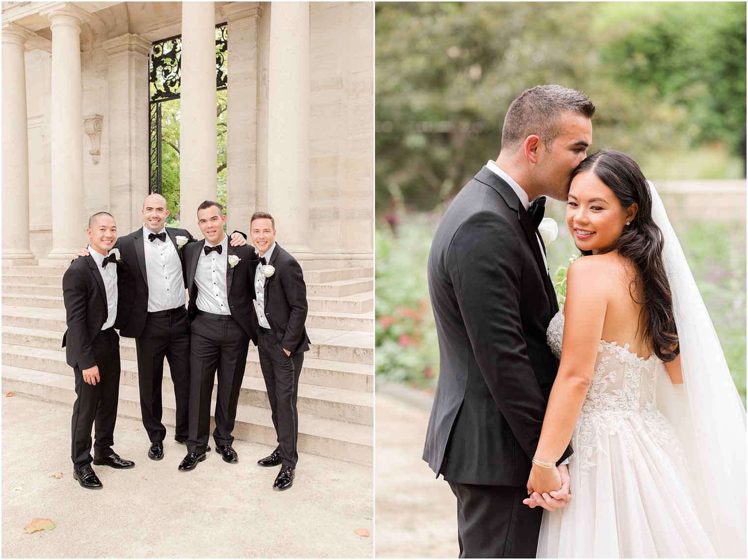 bride and groom hold hands on steps of Rodin Museum